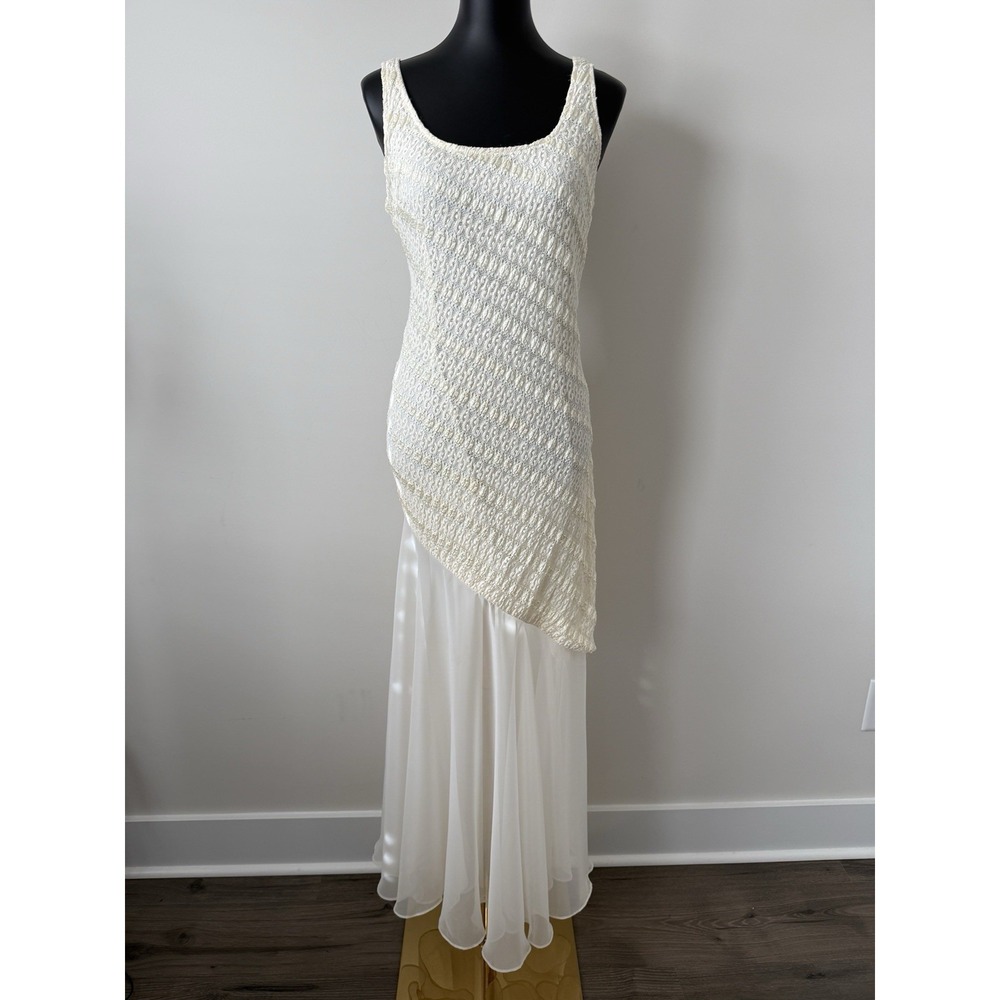 Vintage JS Collection Women's 10 Ivory Formal Maxi Dress Stretch Fit Flare Y2K